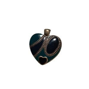 Vintage Heart Enamel Filigree Pendant Art Deco Brass Tone Snowflake Teal & Black